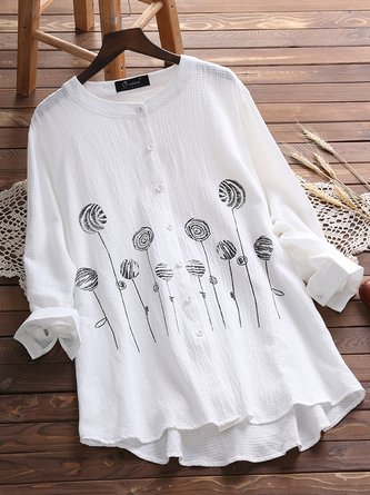 Long Sleeve Buttoned Sweet Crew Neck Blouses