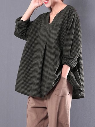 Casual 3/4 Sleeve Gingham Folds Plus Size Blouse