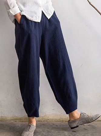 Vintage Elastic Waist Solid Color Pants with Pockets