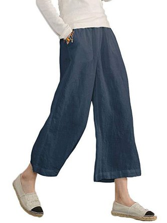 Womens Casual Loose Elastic Waist Cotton Linen Trousers Cropped Wide Leg Pants