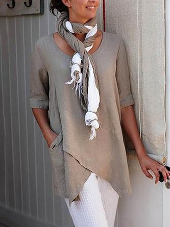 Women Solid Asymmetrical Hem Pockets Half Sleeve Casual Plus Size Linen Tunic Top