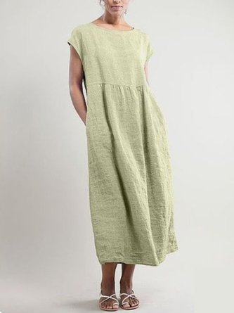 Women Cotton Casual Crew Neck Casual Solid Plus Size Linen Dresses