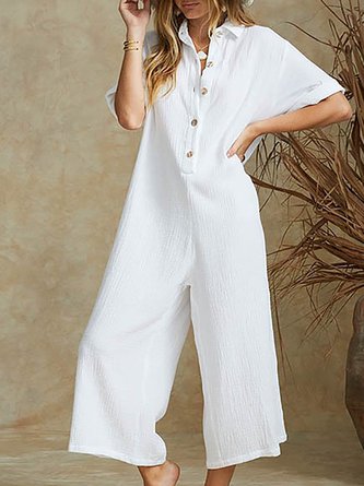 Women Casual Solid Short Sleeve Button Jumpsuits
