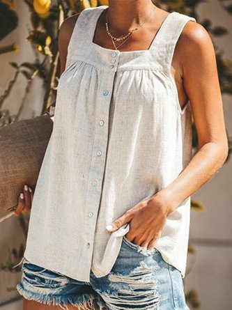 Summer Buttoned Blouse Pleated Square Neck Sleeveless Tops