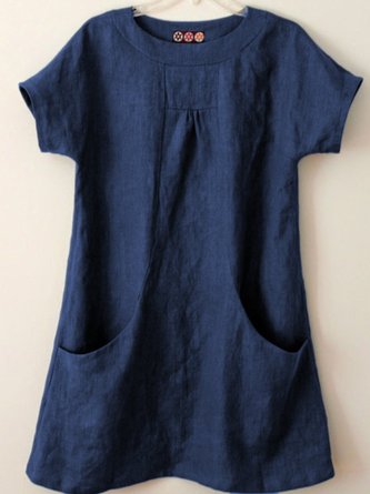 Women Casual Plain Loose Pockets Crew Neck Short Sleeve Linen Tunic Top