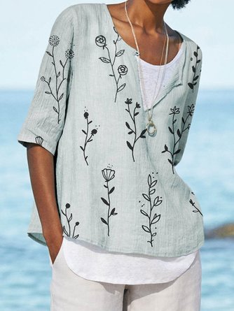 Women Floral Half Sleeve Casual V Neck Shirts & Tops