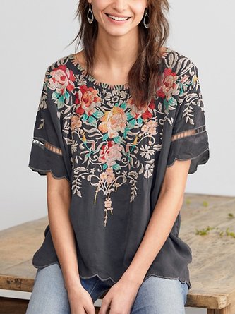 Round Neck Floral Embroidery Casual Shirts