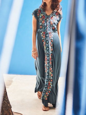 Casual Short Sleeve V Neck Plus Size Printed Maxi Dress