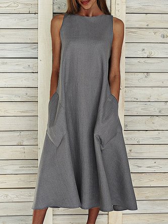 Women Casual Plain Sleeveless Crew Neck Pockets Cotton and Linen Summer Midi Tank Dress