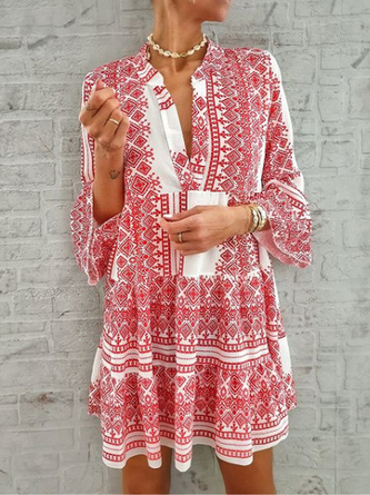 Cotton-blend Printed Long Sleeve Casual Daily Women Dress