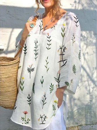 Leaf Floral Holiday V Neck Lightweight Cotton and Linen Tunic Top