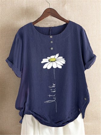 Casual Crew Neck Floral Buttoned Short Sleeve Blouse