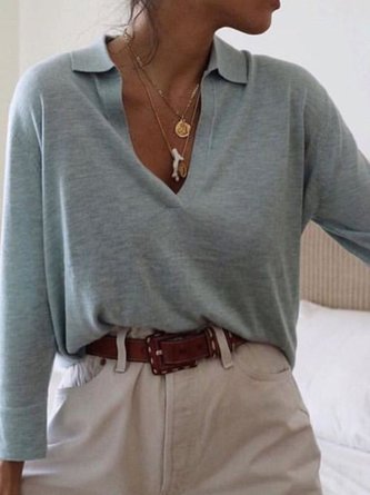 Long Sleeve Solid Cotton Shirt Collar Top