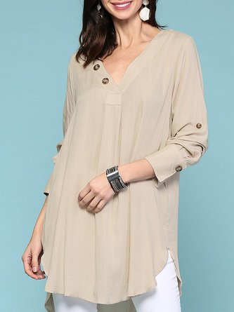 Plus Size Long Sleeve Button Neckline Solid Tunic Tops