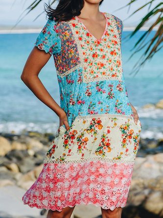 V Neck Women Dresses A-Line Seaside Cotton-Blend Dresses