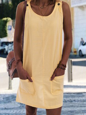 Women Sleeveless Strap Dress Shift Cotton-Blend Dress