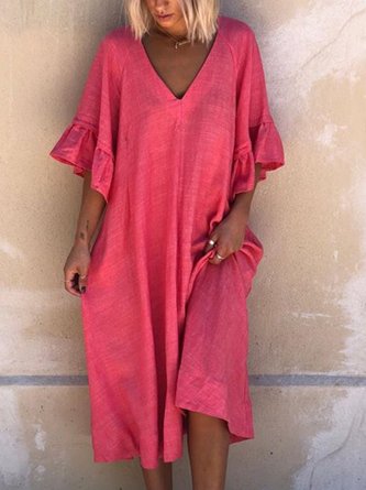 Rose Bell Sleeve Solid Simple V Neck Linen Dresses