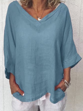 Women Shift 3/4 Sleeve V Neck Casual T-Shirt