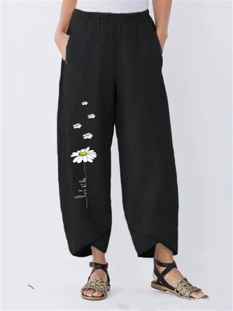 Floral-Print Pockets Casual Pants Trousers