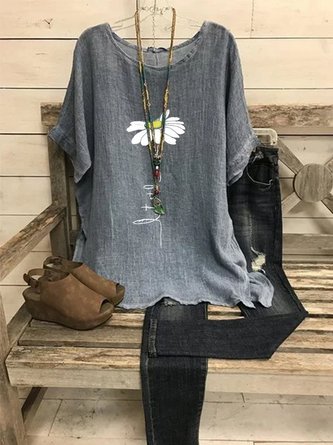 Women Casual Gray Daisy Floral Printed Crew Neck Summer Short Sleeve Tunic Top