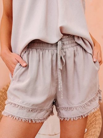 Paneled Casual Cotton Plain Shorts