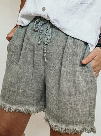 Cotton Linen Shorts Pockets Casual Pants