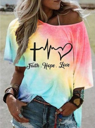 Ombre Daily Casual Ombre/tie-Dye Letter Short Sleeve Shift Shirts & Tops