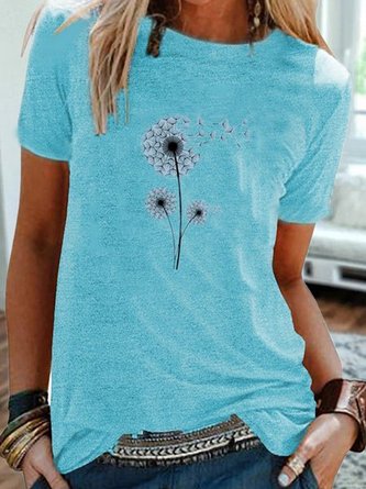 Vintage Short Sleeve Statement Dandelion Printed Crew Neck Casual Top