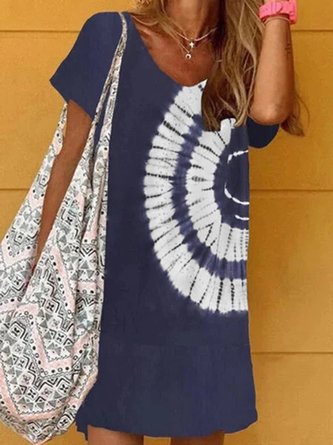 Navy Blue Tie-dye Holiday Daily Printed V neck A-Line Casual Short Sleeve Dress