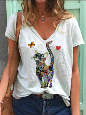 Women Casual Cat and Butterfly Animal Print V Neck Short Sleeve Summer T-shirt