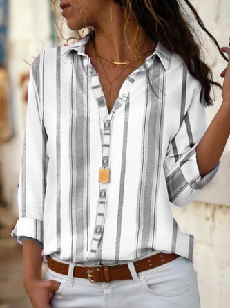 Gray Long Sleeve Shirt Collar Cotton-Blend Top