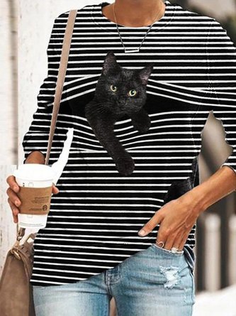 Women's Cat Prirted Round Neck Loose Long Sleeves Shirts & Tops