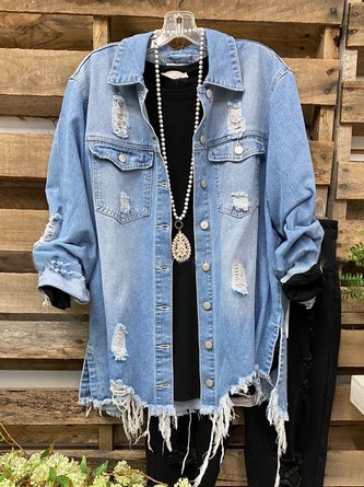 Blue Shirt Collar Plain Long Sleeve Denim Denim Jacket