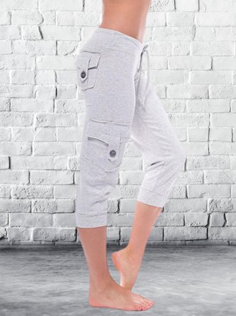 Stretch Waist Button Pocket Yoga Cropped Pants Fitness Pants