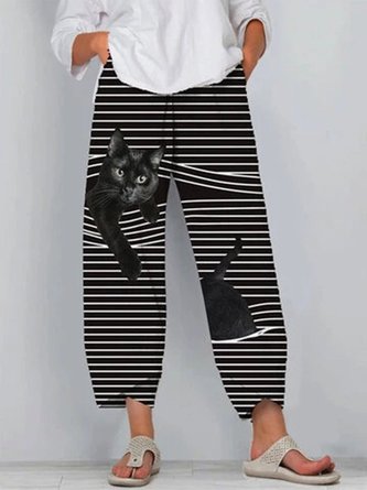 Black Cat Print Striped Patchwork Elastic Waist Plus Size Pants