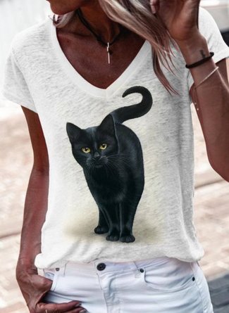 Women Casual Summer V neck Lightweight Short sleeve Cat Printed T-shirt