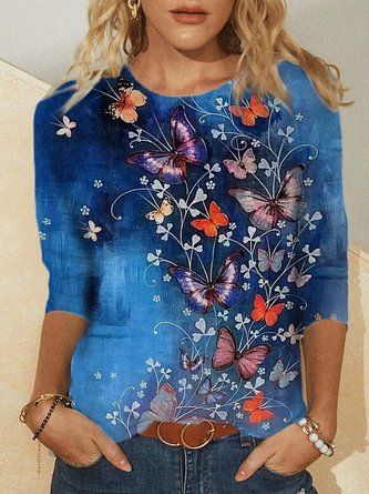 Casual Long Sleeve Butterfly Print Tops