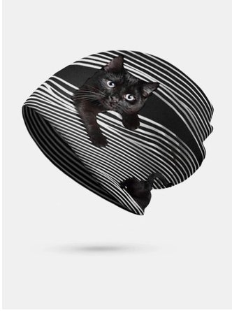 Women Plus Velvet Cat Print Stripe Pattern Soft Personality Breathable Turban Cap Beanie