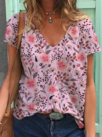Casual Cotton-Blend Short Sleeve Floral-Print T-shirt