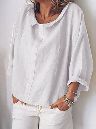 Women White Lightweight Shawl Collar 3/4 Sleeve Cotton and Linen Blouse