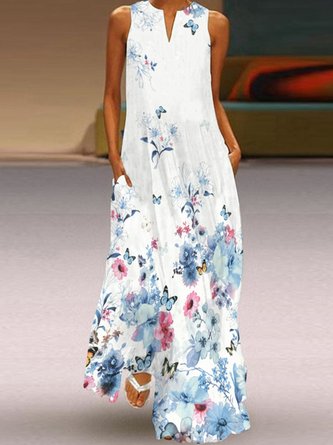 Vintage Floral Printed Statement Sleeveless V Neck Casual Knitting Dress
