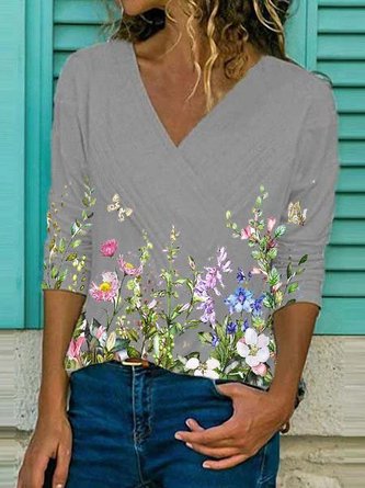 Casual Floral-Print Cotton-Blend V Neck Shirts & Tops