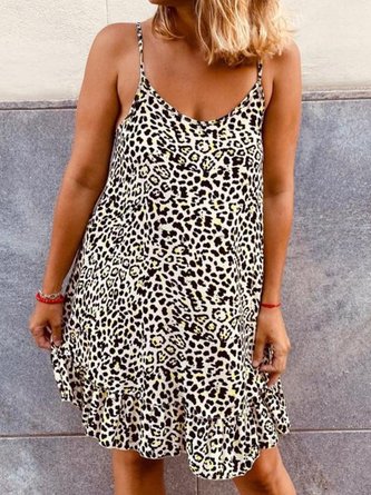 Printed Cotton-Blend Leopard Casual Weaving Dress