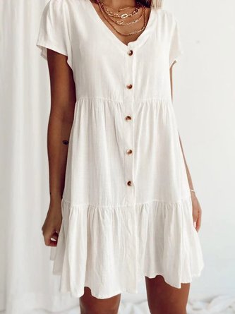 Front Button Placket Ruffle Hem Short Sleeve White Mini Shift Dress