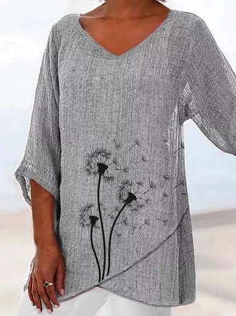 Women Loose Linen V Neck Asymmetric Hem Floral Print Tunic Top