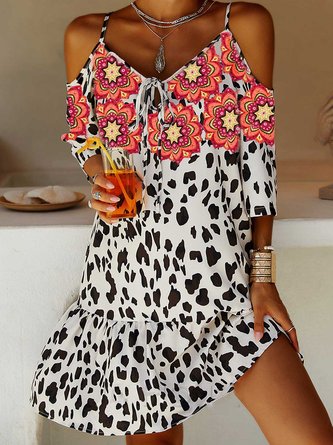 Shift Leopard Short Sleeve Cotton-Blend Weaving Dress