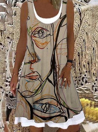 Abstract Printed Sleeveless Cotton-Blend Casual Weaving Dress