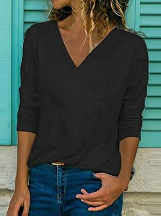 Women Solid Shift Elegant Solid Long Sleeve V Neck Blouse