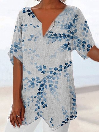 Fashion Leaf Print V-neck Short-sleeved Cotton And Linen Blouse