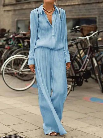 Women Shirt Collar Long Sleeve Buttoned Two Pieces Two Piece Sets Jumpsuits